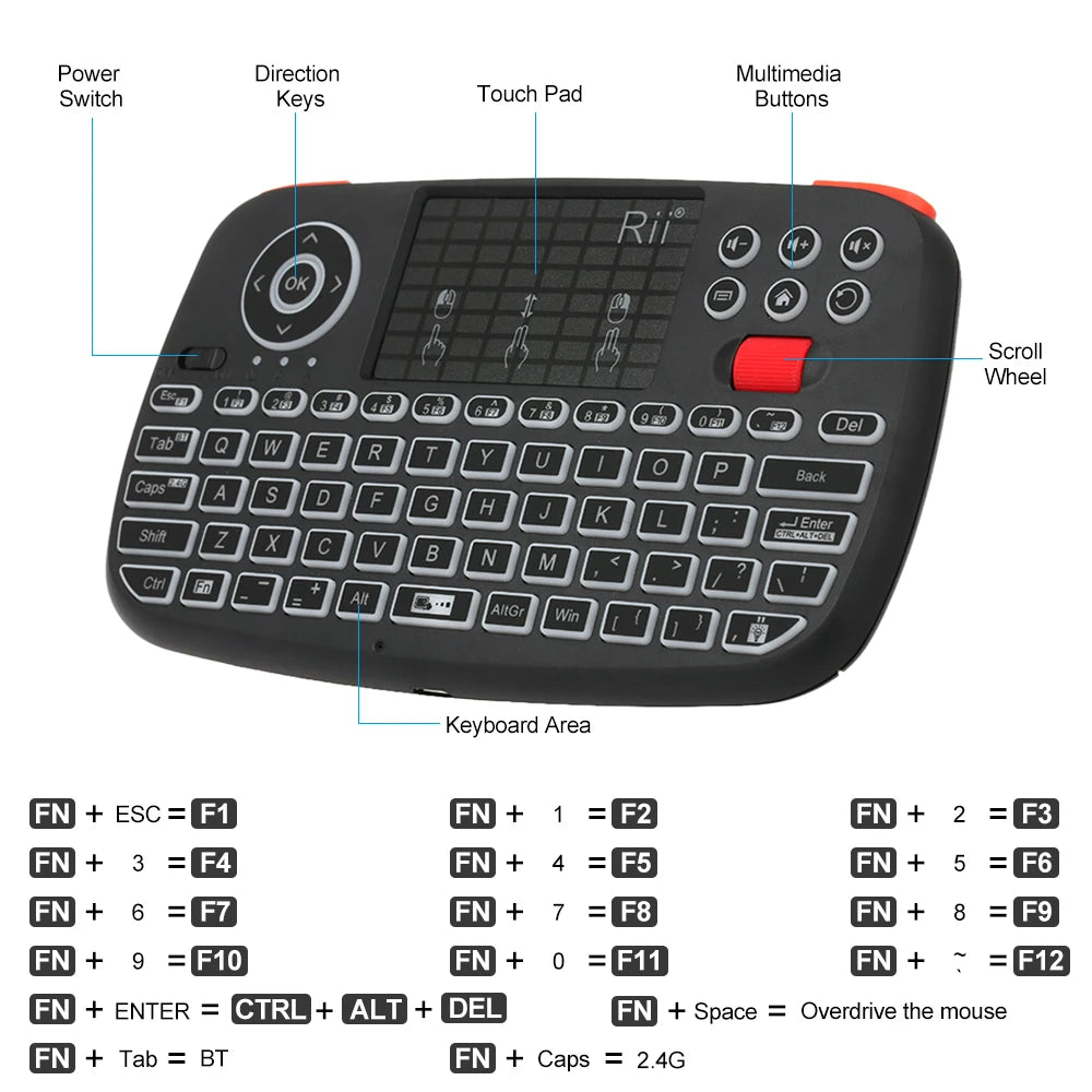 Rii I4 Mini clavier sans fil Bluetooth avec pavé tactile, télécommande de souris rétroéclairée 2.4GHz pour Windows Android TV Box Smart TV