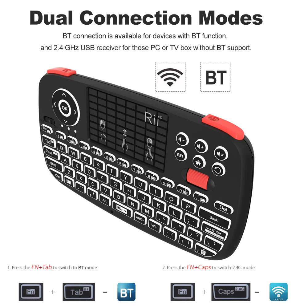 Rii I4 Mini clavier sans fil Bluetooth avec pavé tactile, télécommande de souris rétroéclairée 2.4GHz pour Windows Android TV Box Smart TV