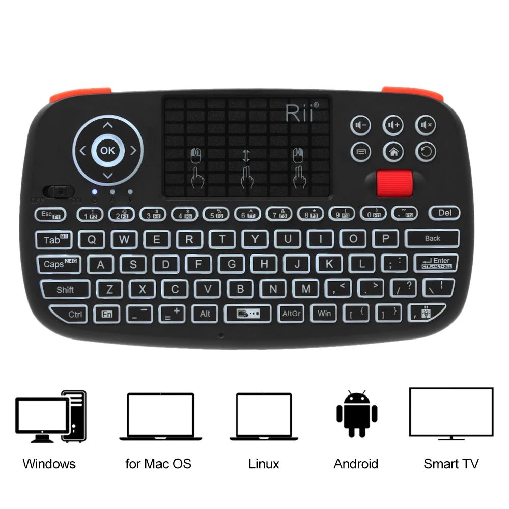 Rii I4 Mini clavier sans fil Bluetooth avec pavé tactile, télécommande de souris rétroéclairée 2.4GHz pour Windows Android TV Box Smart TV