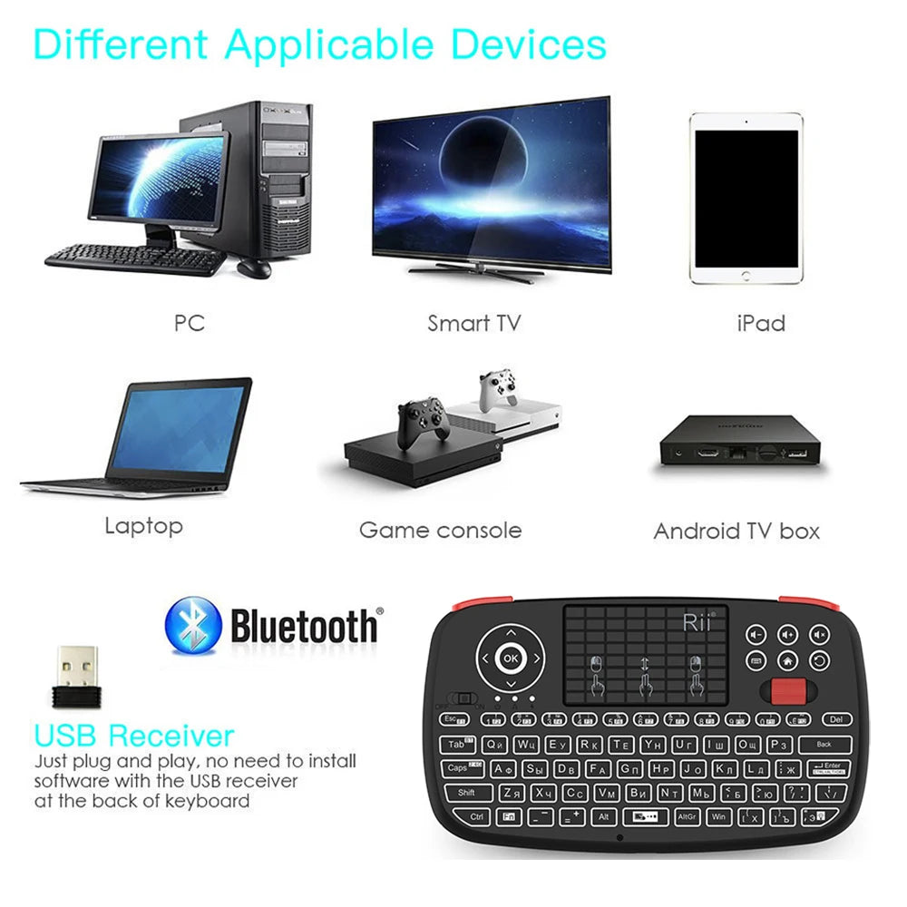 Rii I4 Mini clavier sans fil Bluetooth avec pavé tactile, télécommande de souris rétroéclairée 2.4GHz pour Windows Android TV Box Smart TV
