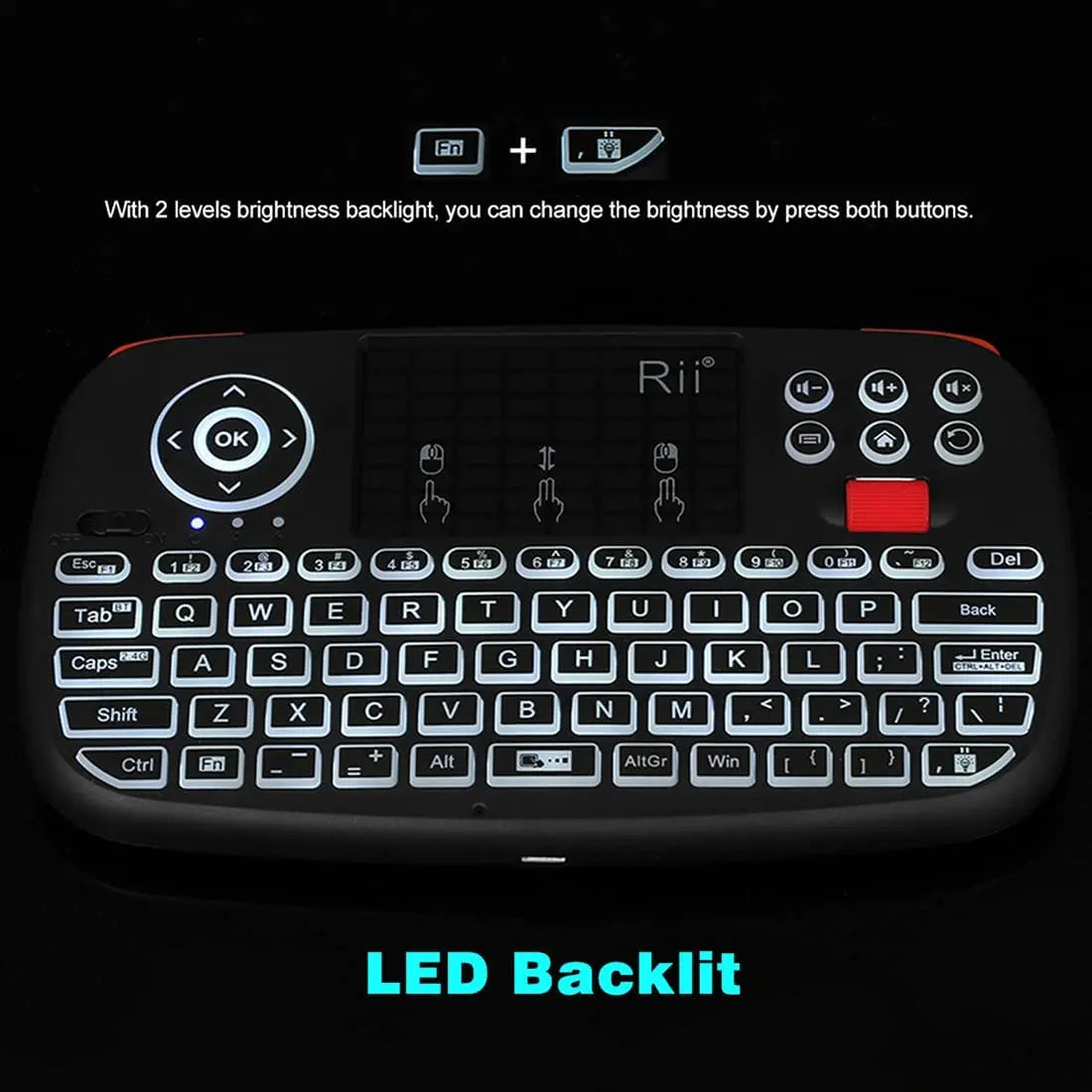 Rii I4 Mini clavier sans fil Bluetooth avec pavé tactile, télécommande de souris rétroéclairée 2.4GHz pour Windows Android TV Box Smart TV