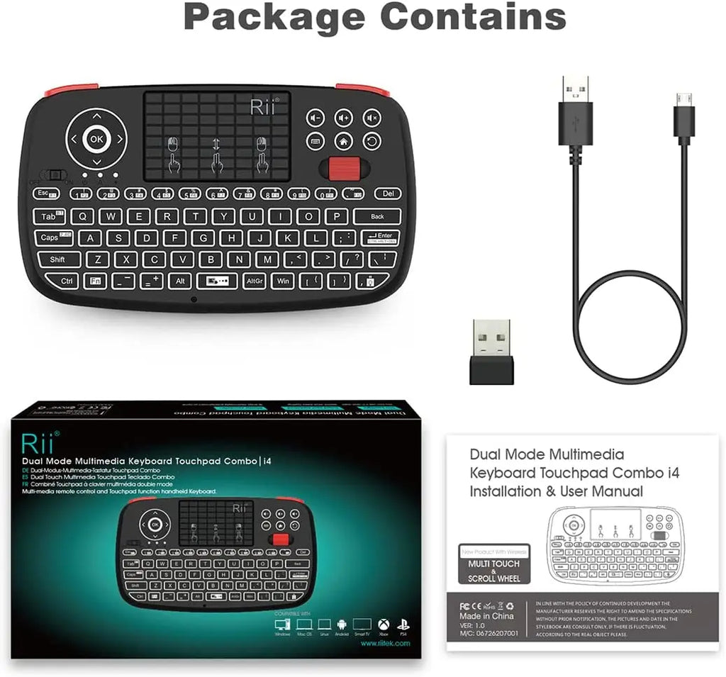 Rii I4 Mini clavier sans fil Bluetooth avec pavé tactile, télécommande de souris rétroéclairée 2.4GHz pour Windows Android TV Box Smart TV