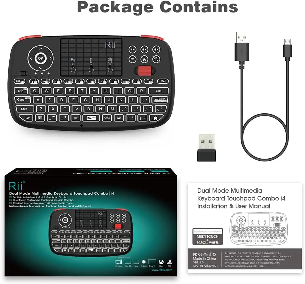 Rii I4 Mini clavier sans fil Bluetooth avec pavé tactile, télécommande de souris rétroéclairée 2.4GHz pour Windows Android TV Box Smart TV