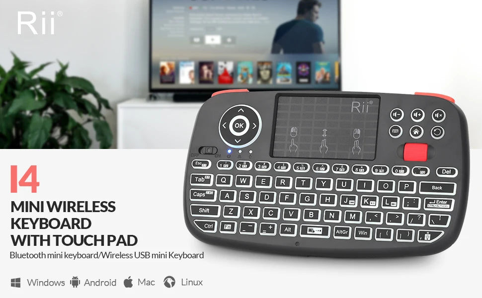 Rii I4 Mini clavier sans fil Bluetooth avec pavé tactile, télécommande de souris rétroéclairée 2.4GHz pour Windows Android TV Box Smart TV