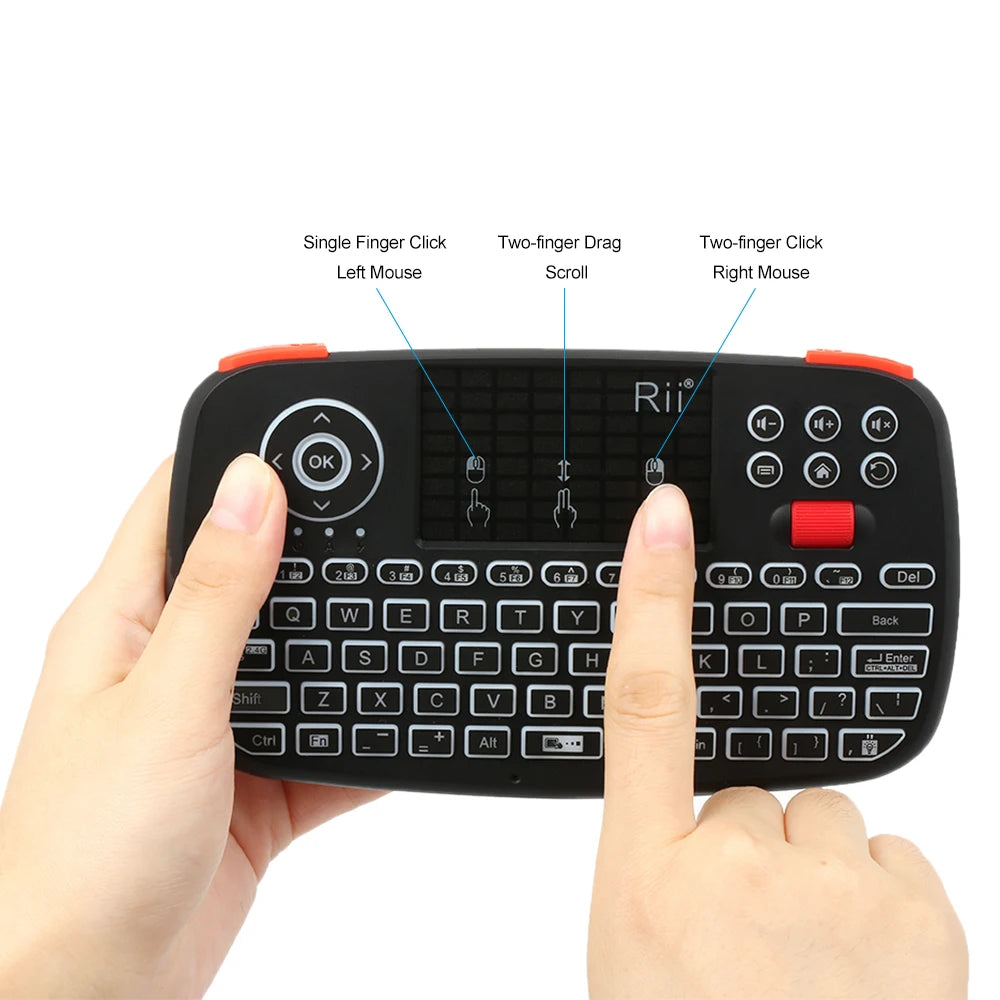 Rii I4 Mini clavier sans fil Bluetooth avec pavé tactile, télécommande de souris rétroéclairée 2.4GHz pour Windows Android TV Box Smart TV