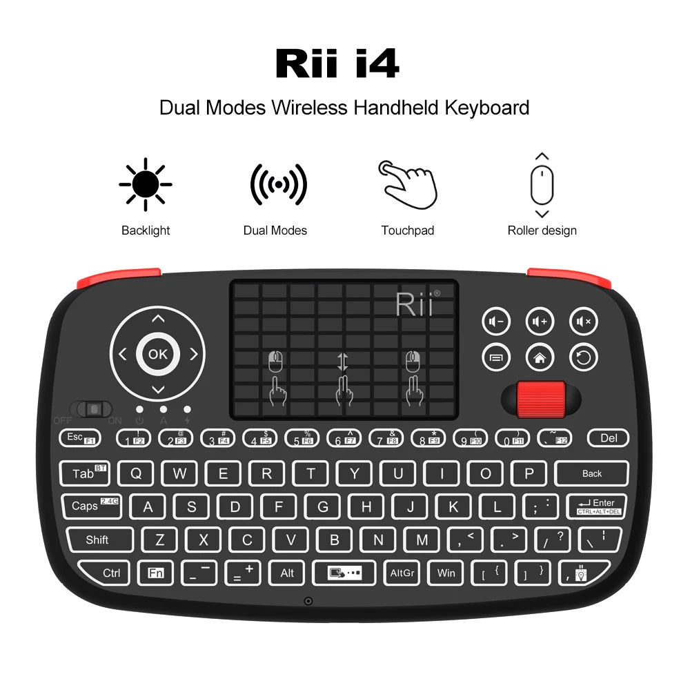 Rii I4 Mini clavier sans fil Bluetooth avec pavé tactile, télécommande de souris rétroéclairée 2.4GHz pour Windows Android TV Box Smart TV